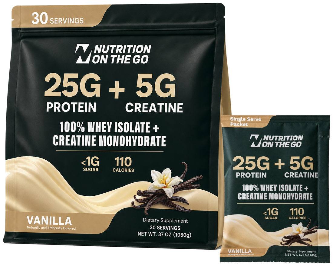 Nutrition On The Go Home & Away Bundle: a 30-serving vanilla pouch with scoop for home and a single-serve protein + creatine packet for on the go
