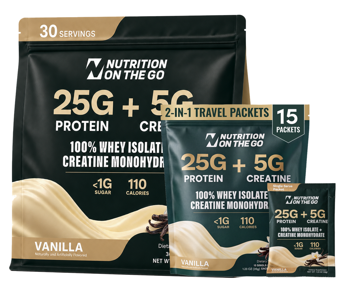 Nutrition On The Go Home + Away Bundle: a 30-serving vanilla pouch for home and a 15-pack of single-serve protein + creatine packets for the road