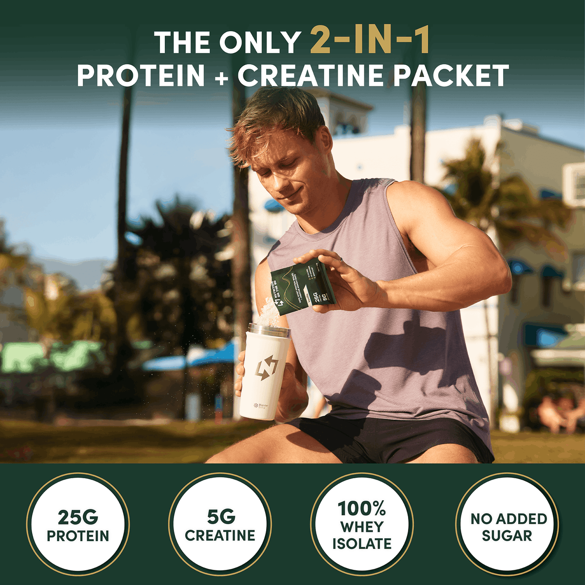 Man mixing a Nutrition On The Go whey protein and creatine packet into a shaker outdoors. 2-in-1 packet with 25g protein, 5g creatine, 100% whey isolate, no added sugar