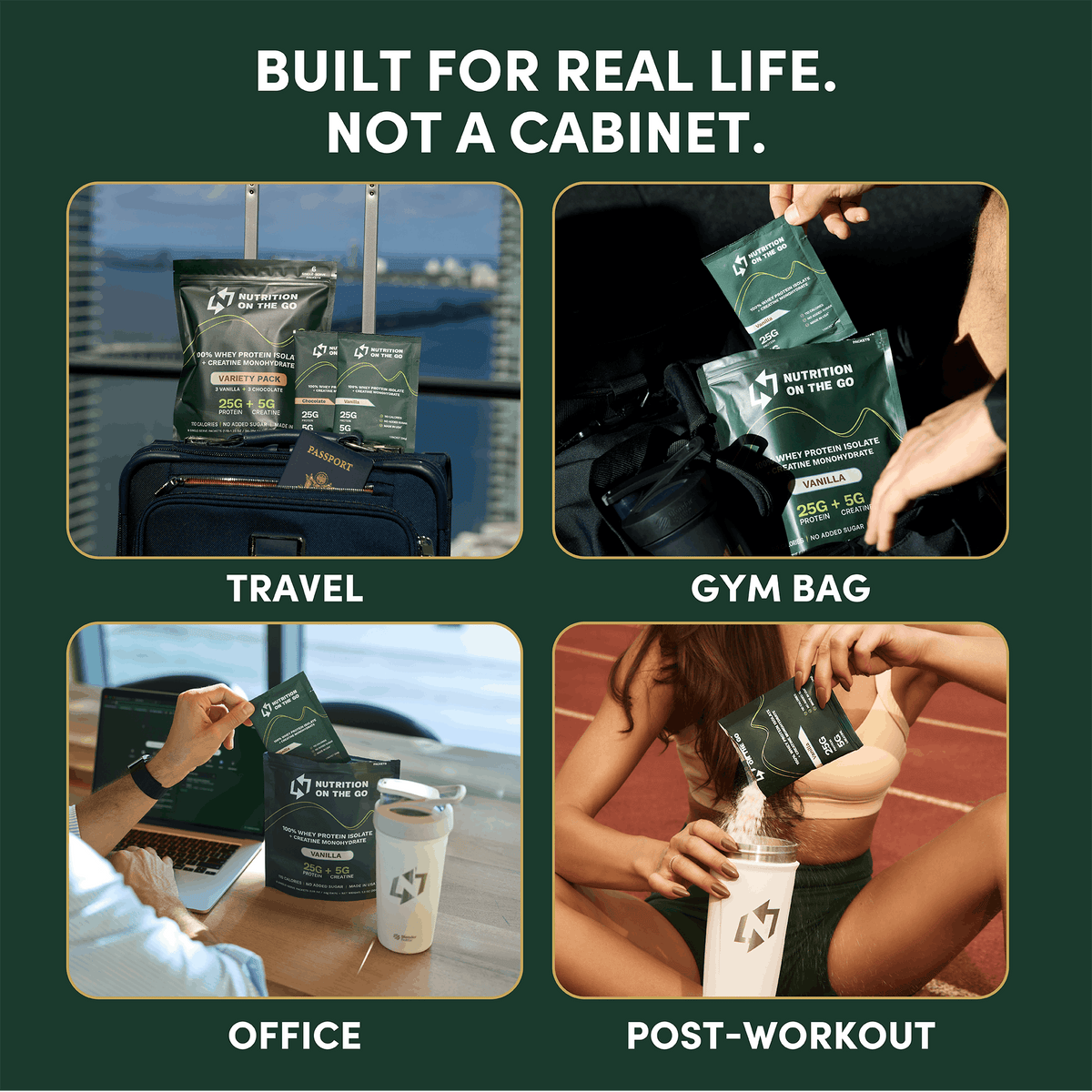 Whey protein and creatine packets built for real life — travel, gym bag, office, and post-workout uses for single-serve protein