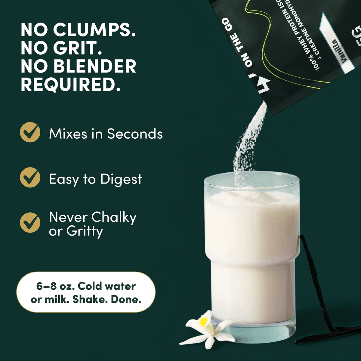 Whey protein and creatine packet mixing into a glass — no clumps, no grit, no blender required, mixes in seconds in cold water or milk