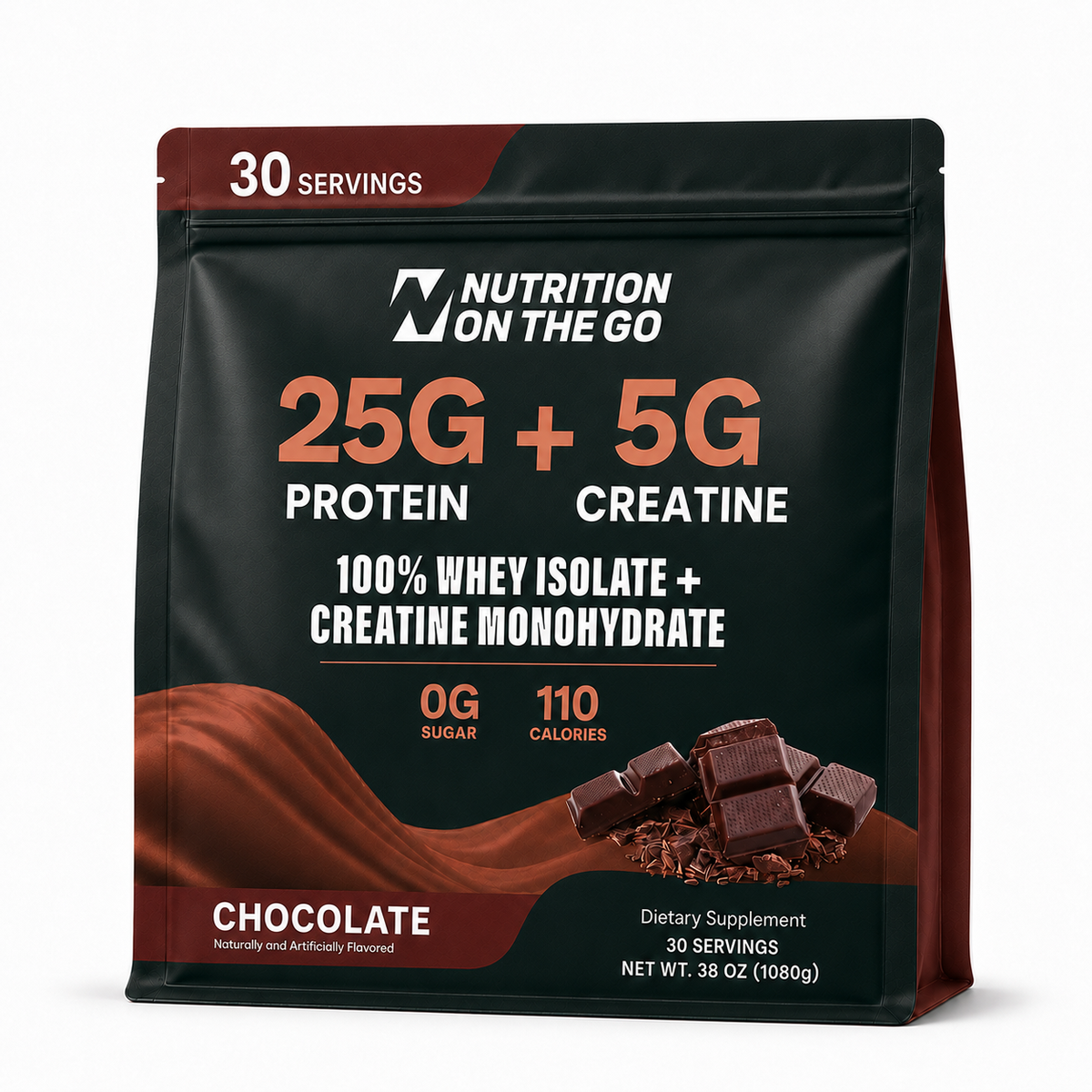 Nutrition On The Go 30-serving pouch and a mixed shake on a kitchen counter