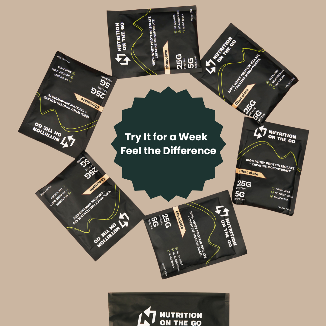 Black protein powder packets with promotional text on a beige background