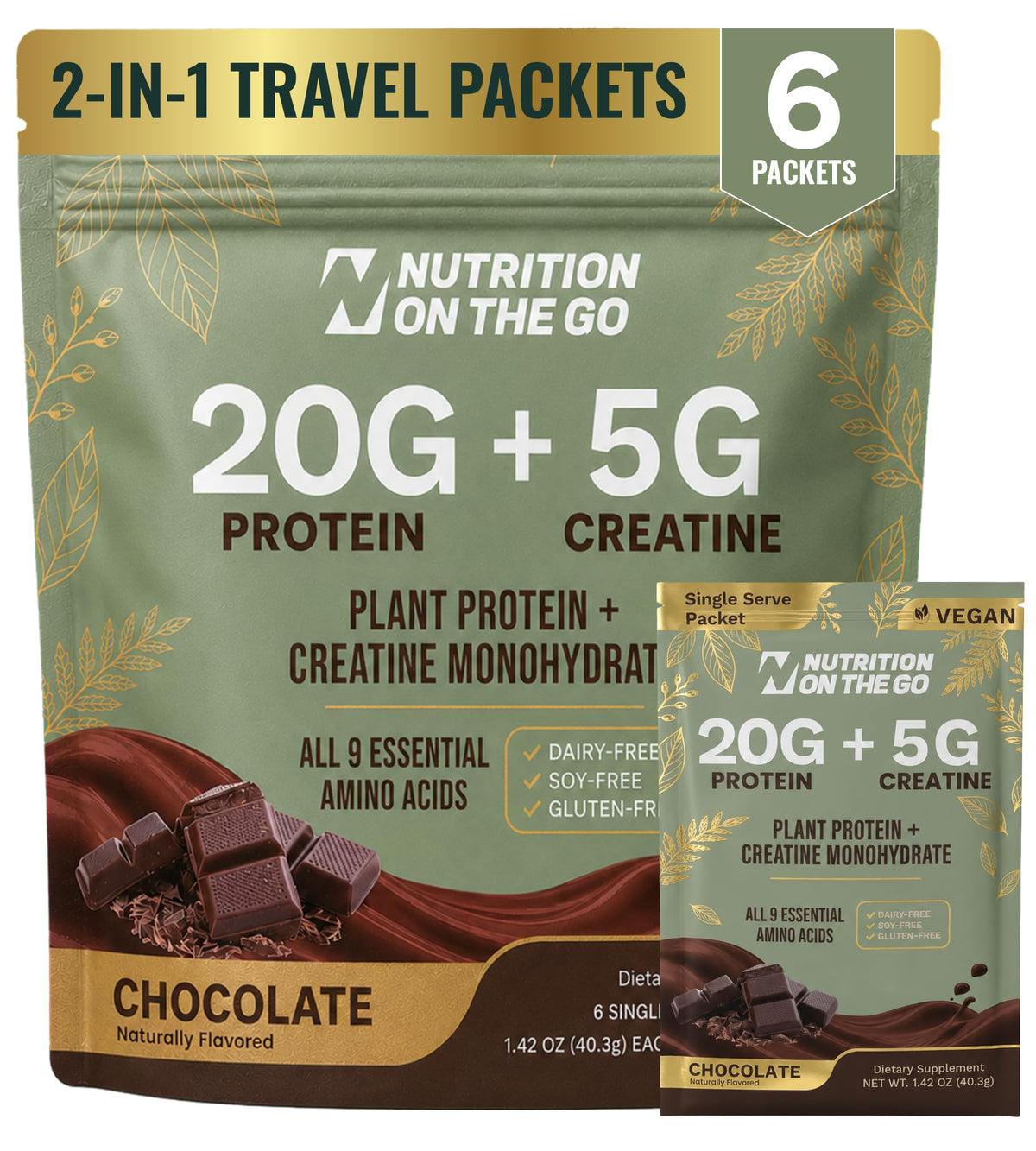 Nutrition On The Go vegan plant protein and creatine Chocolate 6-pack single-serve packets