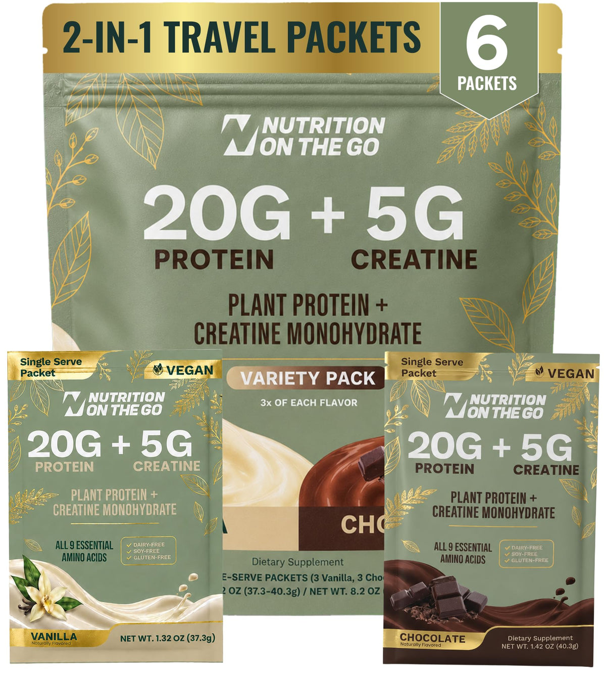 Nutrition On The Go vegan plant protein and creatine Variety 6-pack, chocolate and vanilla single-serve packets