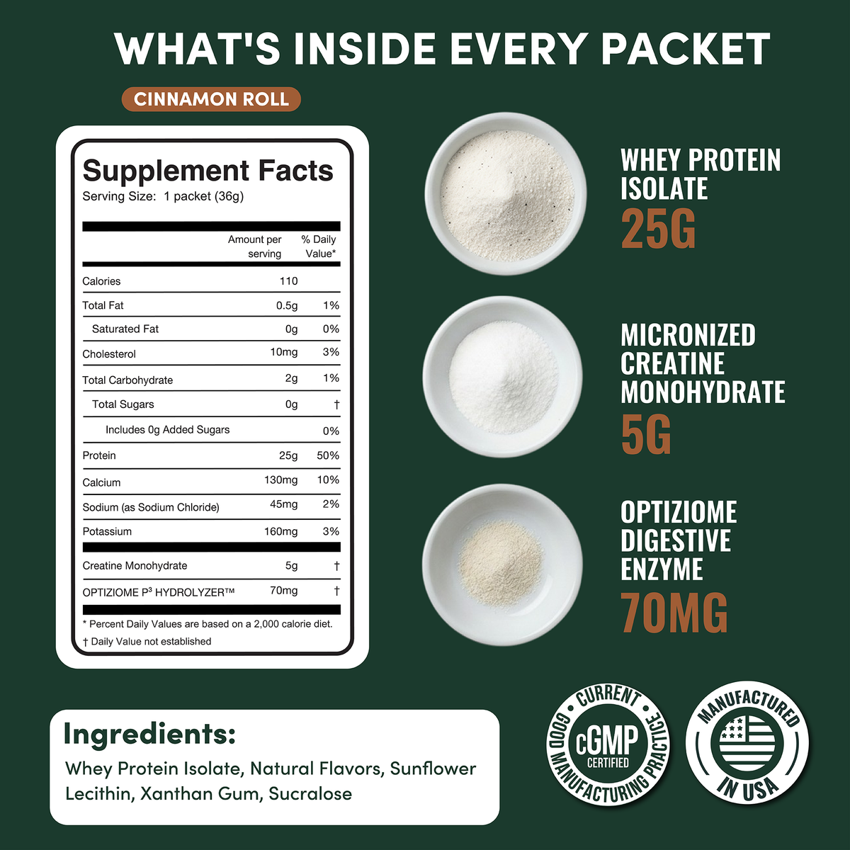 Supplement facts and ingredients for the Cinnamon Roll packet