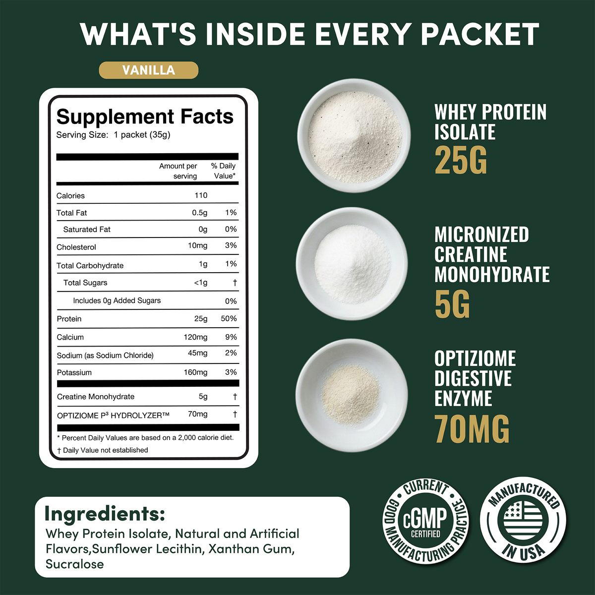Supplement facts and ingredients for the Vanilla packet