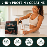 2-in-1 protein and creatine: mixing a chocolate shake with the Nutrition On The Go Chocolate 30-serving pouch, 25g whey isolate and 5g creatine per scoop