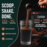 Scoop, shake, done: one daily scoop of Nutrition On The Go Chocolate whey isolate with creatine pouring into a shaker cup