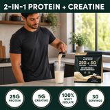 2-in-1 protein and creatine: mixing a vanilla shake with the Nutrition On The Go Vanilla 30-serving pouch, 25g whey isolate and 5g creatine per scoop
