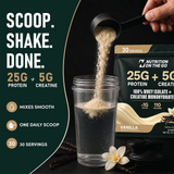 Scoop, shake, done: one daily scoop of Nutrition On The Go Vanilla whey isolate with creatine pouring into a shaker cup