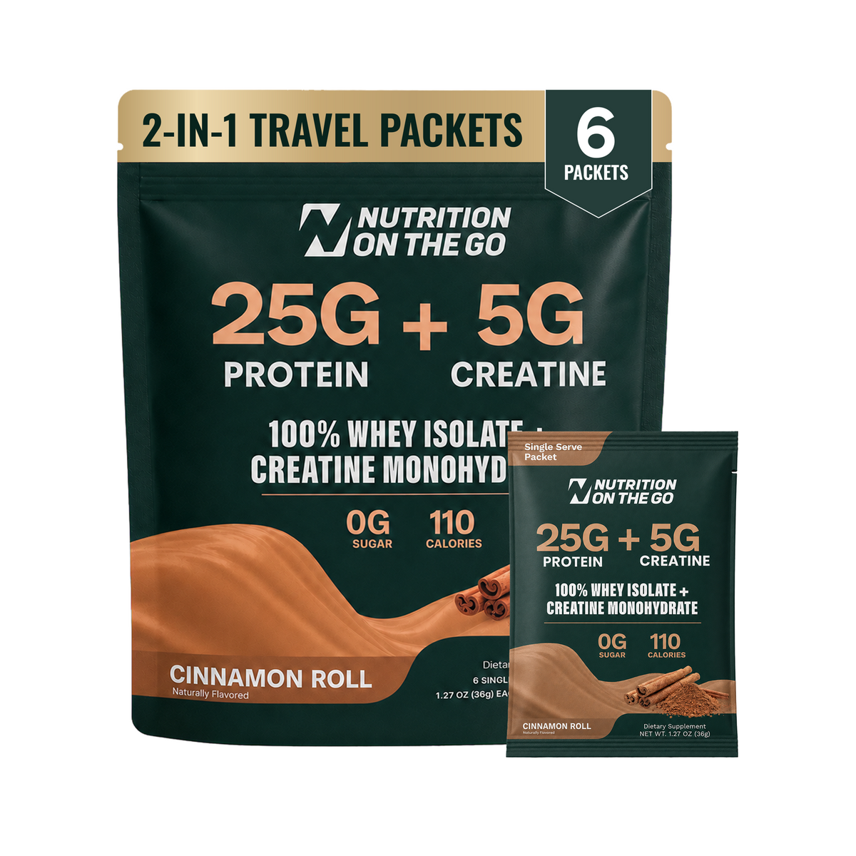 Nutrition On The Go whey protein and creatine Cinnamon Roll 6-pack single-serve packets