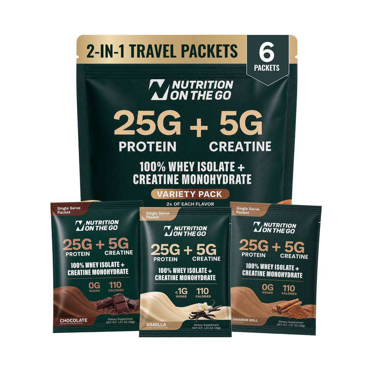 Nutrition On The Go whey protein and creatine Variety 6-pack, chocolate and vanilla single-serve packets