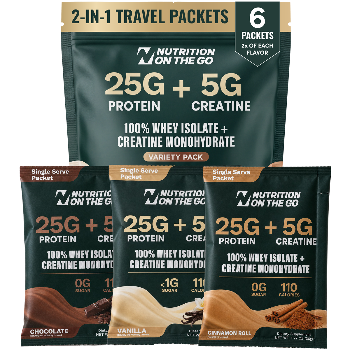 Nutrition On The Go whey protein and creatine Variety 6-pack, chocolate and vanilla single-serve packets