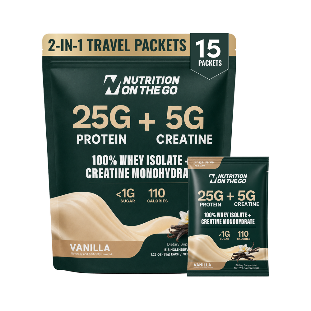 Nutrition On The Go whey protein isolate and creatine Vanilla 15-pack single-serve travel packets, 25g protein and 5g creatine per packet