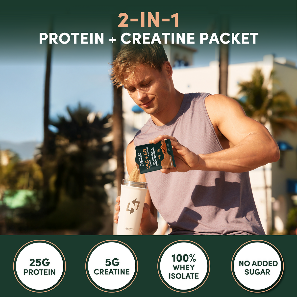 2-in-1 protein and creatine packet poured into a shaker