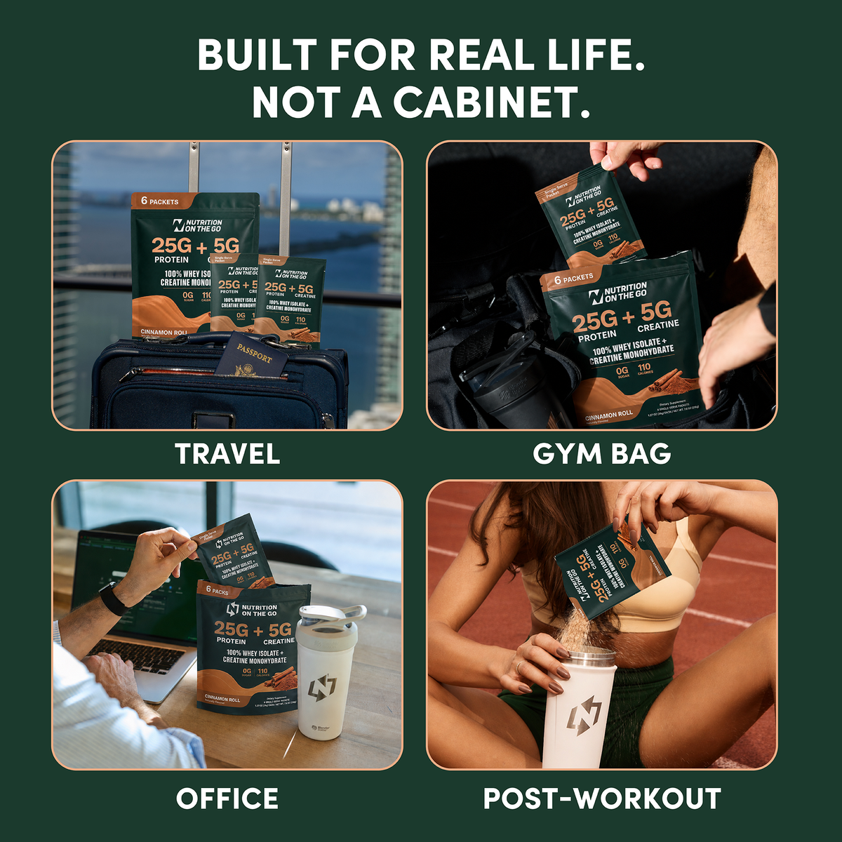 Cinnamon Roll packets for travel, gym bag, office, and post-workout