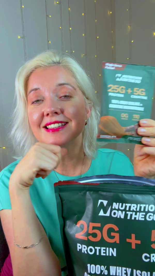 Vesna K. holding a Nutrition On The Go Chocolate packet