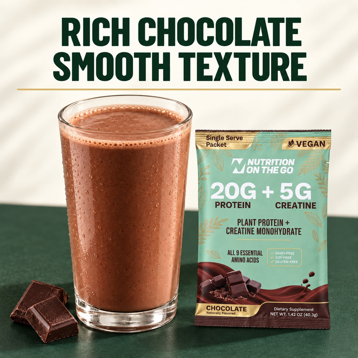 flavor:Chocolate | Rich Chocolate vegan protein and creatine shake with a smooth texture, next to the packet