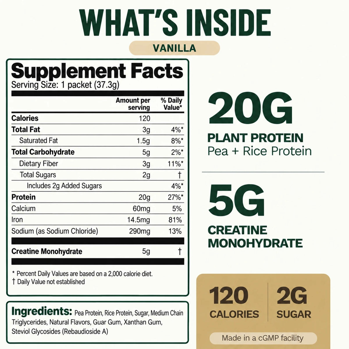 flavor:Vanilla | Supplement facts and ingredients for the Vanilla vegan packet, 20g pea and rice protein plus 5g creatine monohydrate, 120 calories, 2g sugar