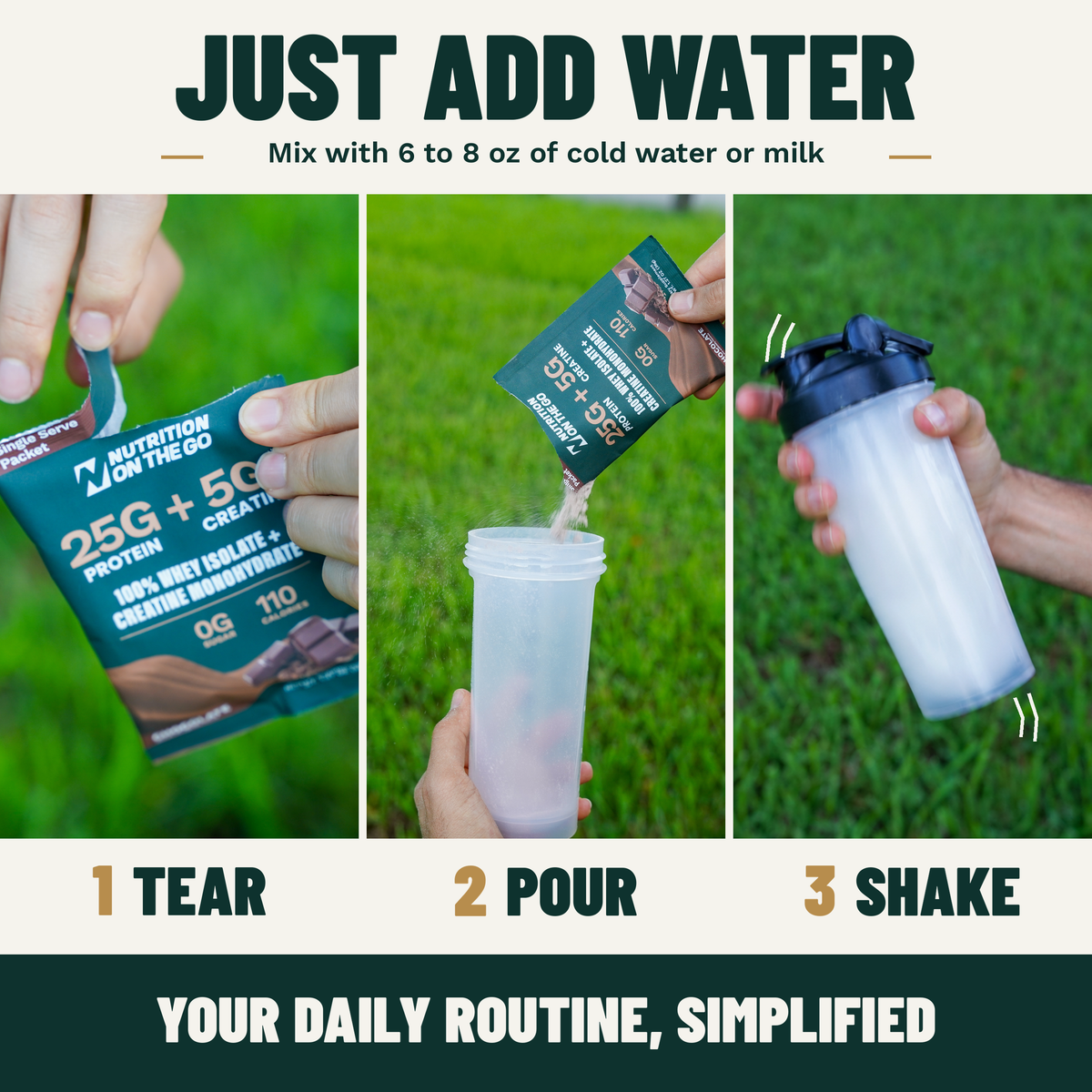 flavor:Chocolate | Just add water: tear, pour, and shake the Chocolate packet with 6 to 8 oz of cold water or milk
