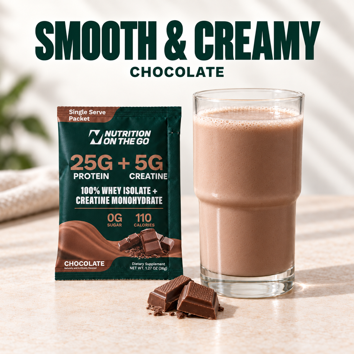flavor:Chocolate | Smooth and creamy Nutrition On The Go Chocolate whey protein and creatine shake