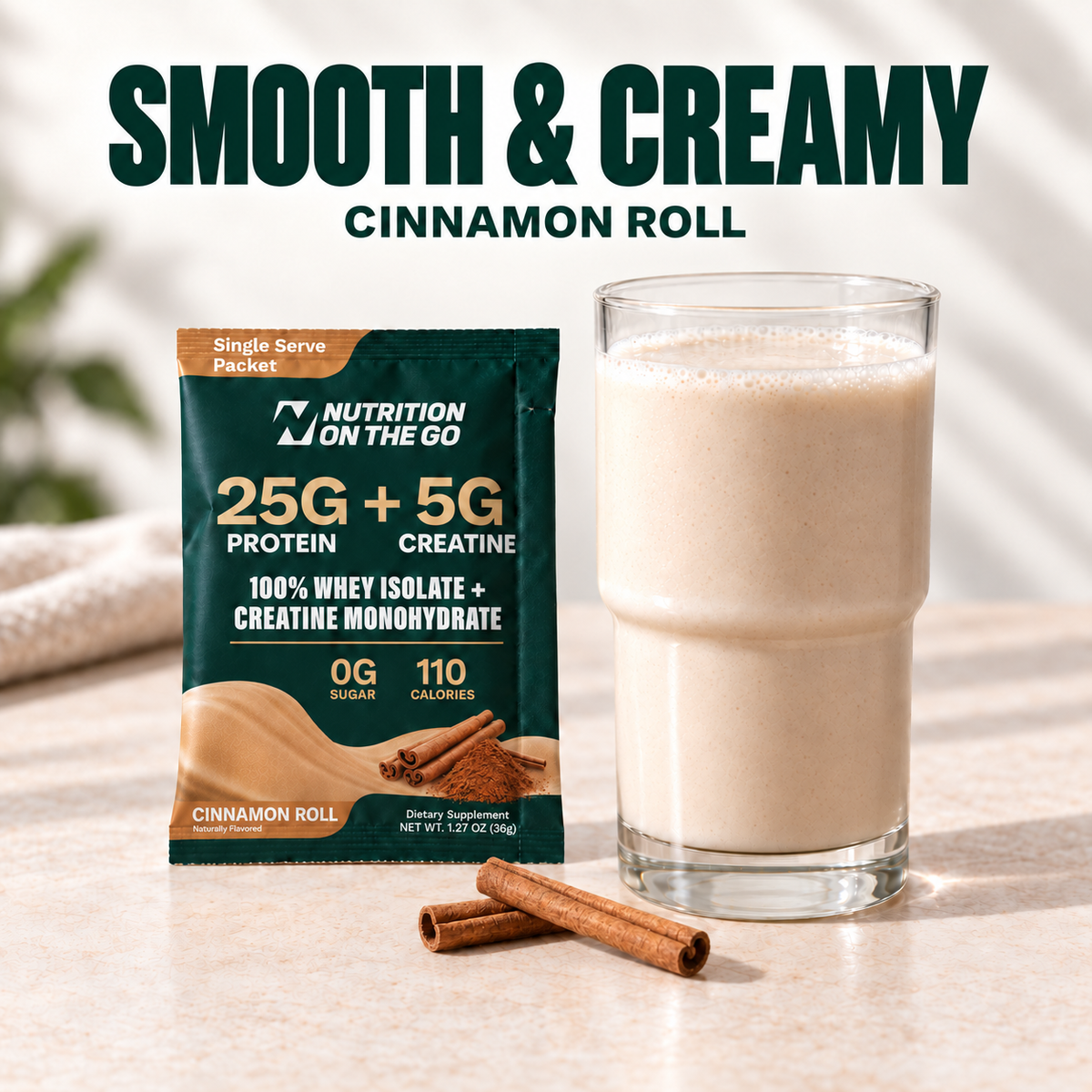 flavor:Cinnamon Roll | Smooth and creamy Nutrition On The Go Cinnamon Roll whey protein and creatine shake