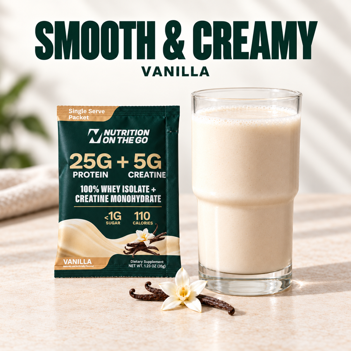 flavor:Vanilla | Smooth and creamy Nutrition On The Go Vanilla whey protein and creatine shake